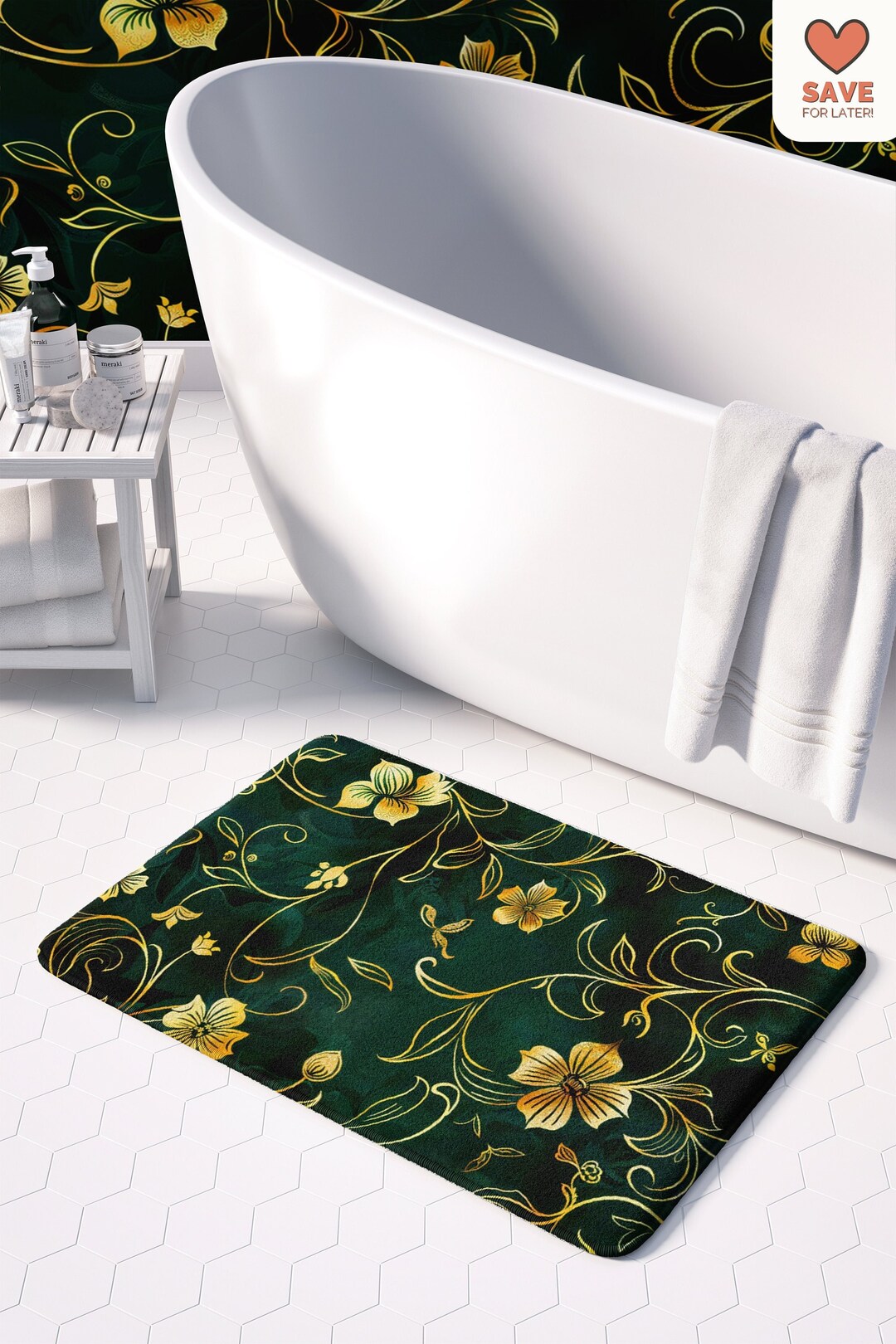 Floral Bath Mat With Gold Flower Print, Elegant Vintage Decor, Luxury ...