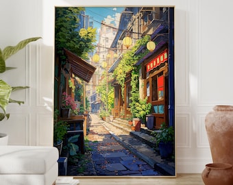 Urban Japan Anime Poster - Colorful Retro Street Scene