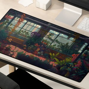 May include: A black and white illustrated mousepad featuring a detailed scene of a greenhouse with various plants and flowers. The greenhouse has large windows and a wooden frame.