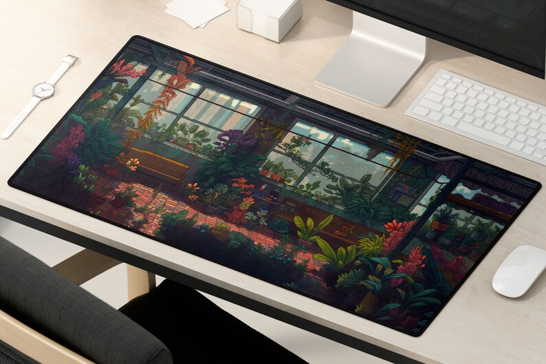 May include: A black and white illustrated mousepad featuring a detailed scene of a greenhouse with various plants and flowers. The greenhouse has large windows and a wooden frame.