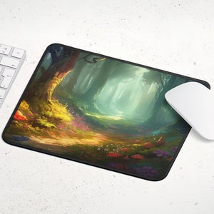 May include: A colorful mousepad with a fantasy forest scene. The path leads into a misty forest with tall trees and colorful flowers.