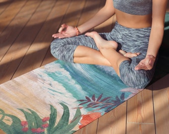 Tropical Yoga Mat, Hawaii Exercise Mat, Beach Flower Wave Print Mat, Palm Tree Fitness Mat, Best Non-Slip Yoga Accessory, Pilates Yoga Gift