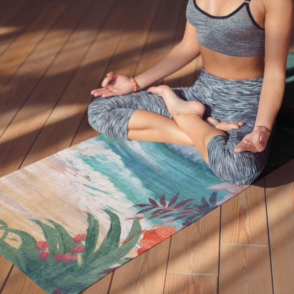 Tropical Yoga Mat, Hawaii Exercise Mat, Beach Flower Wave Print Mat, Palm Tree Fitness Mat, Best Non-Slip Yoga Accessory, Pilates Yoga Gift