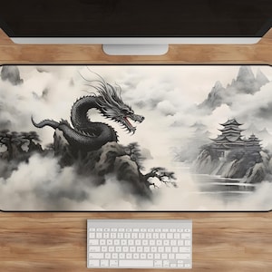 May include: A black and white illustration of a dragon flying over a mountain range with a pagoda in the background. The dragon is surrounded by clouds and mist.