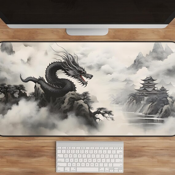 Dragon Desk Mat: Japanese Ink Style - Large Non-Slip Mouse Pad