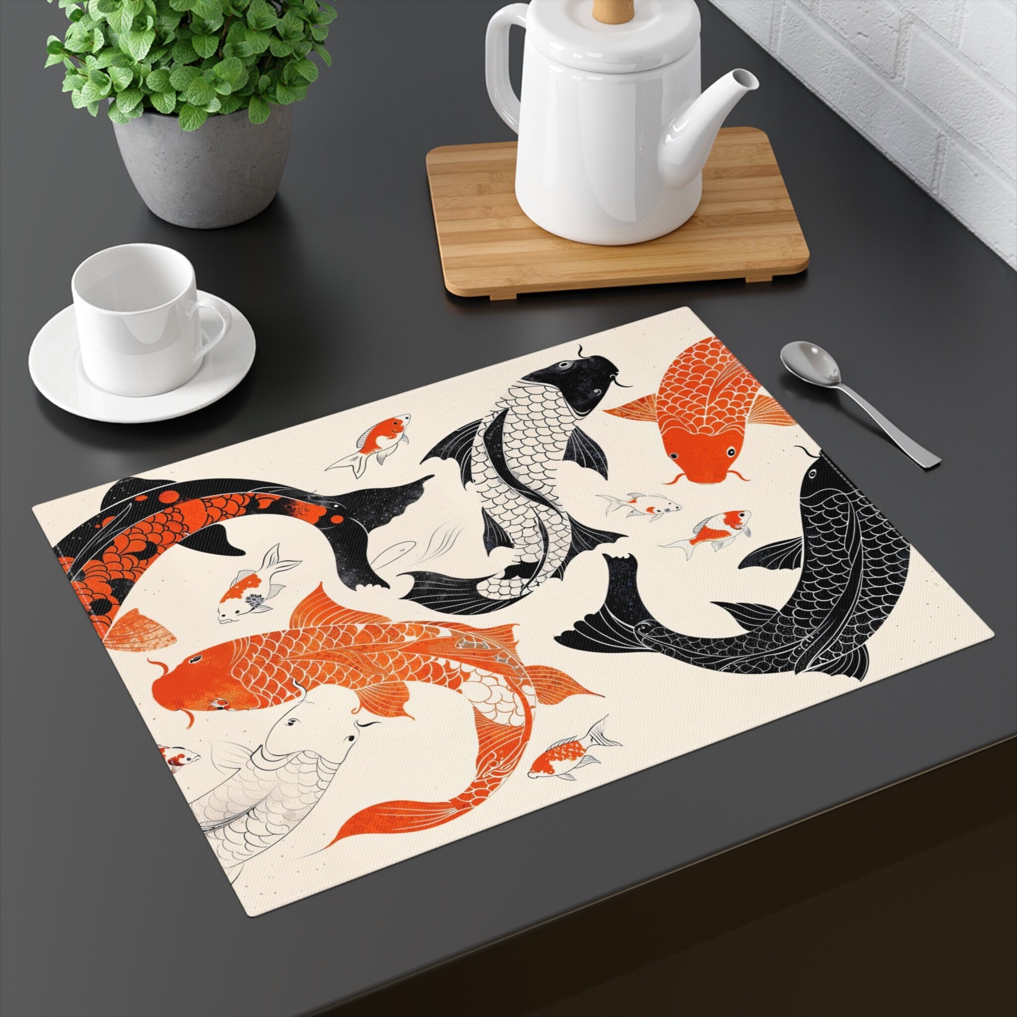 Koi Fish Placemat | Japanese Zen Dining Decor, Traditional Table