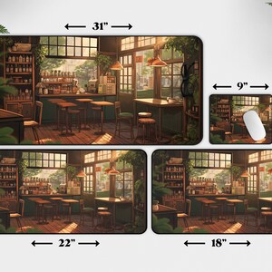 May include: Four different sizes of mousepads featuring a digital illustration of a cafe interior with a bar, tables, chairs, and a window looking out onto a street. The largest mousepad is 31 inches wide by 15.5 inches tall, the second largest is 22 inches wide by 12 inches tall, the third largest is 18 inches wide by 12 inches tall, and the smallest is 9 inches wide by 7 inches tall.