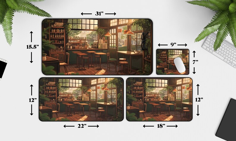 May include: Four different sizes of mousepads featuring a digital illustration of a cafe interior with a bar, tables, chairs, and a window looking out onto a street. The largest mousepad is 31 inches wide by 15.5 inches tall, the second largest is 22 inches wide by 12 inches tall, the third largest is 18 inches wide by 12 inches tall, and the smallest is 9 inches wide by 7 inches tall.
