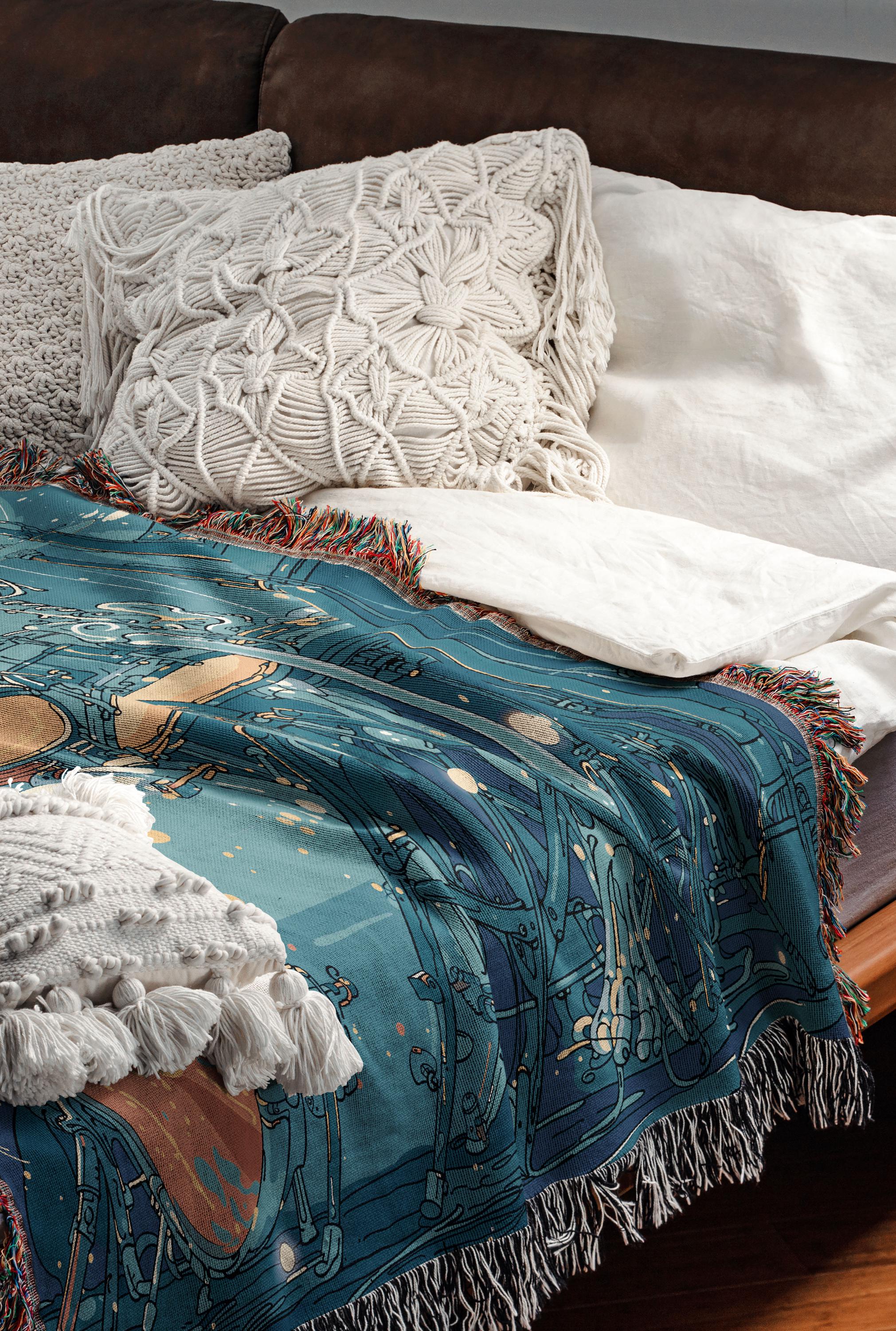 Skeleton Drummer Woven Blanket, Blue Music Decor (cozy Cotton