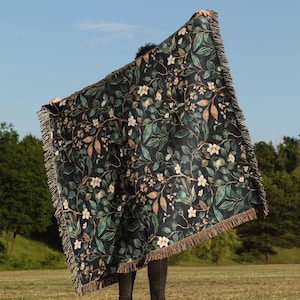 Woven Blanket: Dark Academia Green Throw, Vintage Style Quilt & Cozy Picnic Blanket for Cottagecore Decor