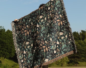 Woven Blanket: Dark Academia Green Throw, Vintage Style Quilt & Cozy Picnic Blanket for Cottagecore Decor