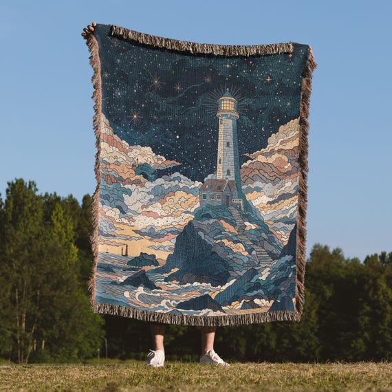 Lighthouse Blanket: Coastal Woven Throw (starry Night, Blue Gold