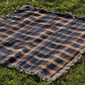 Cotton Woven Blanket: Navy and Yellow Blue Plaid - Rustic Cabin Style image 10