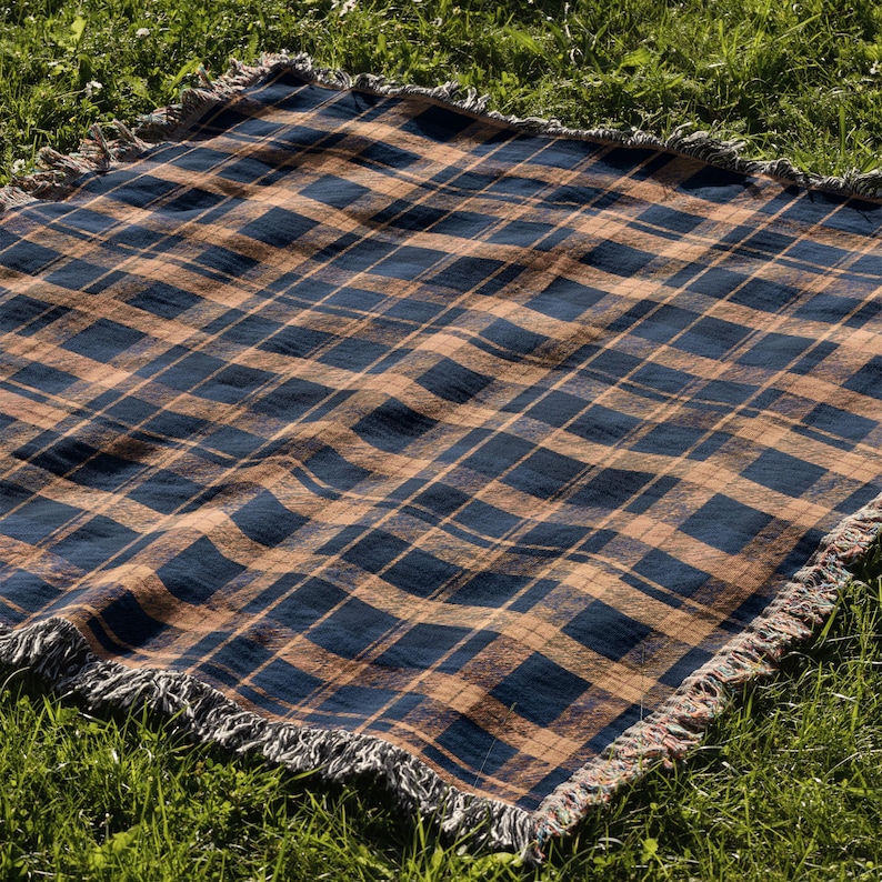 Cotton Woven Blanket: Navy and Yellow Blue Plaid - Rustic Cabin Style image 10