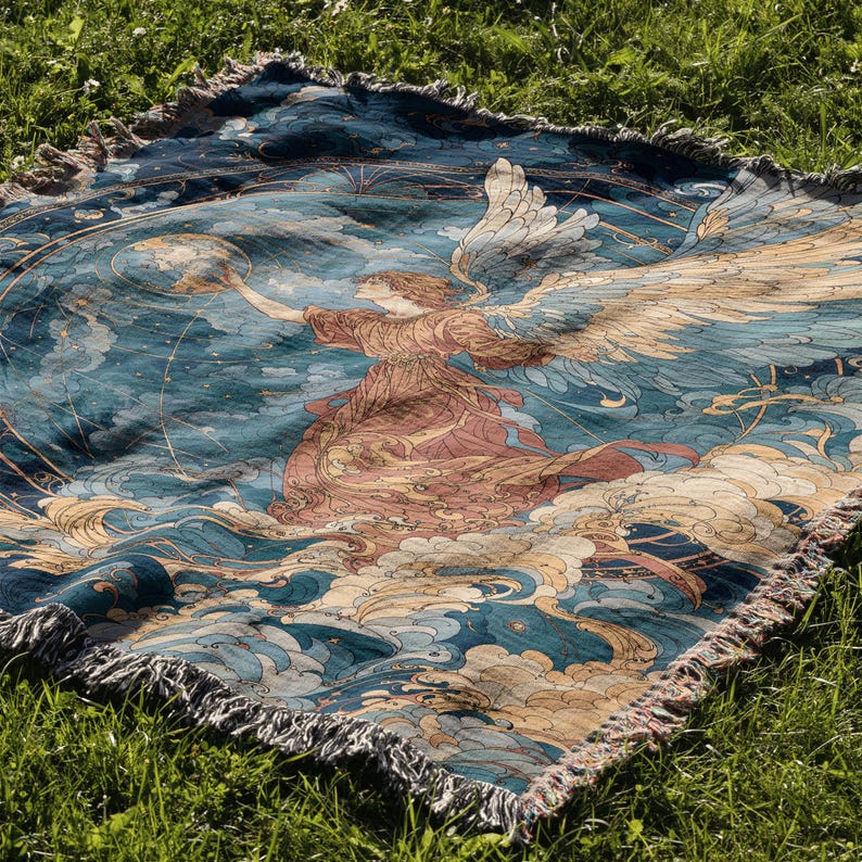 May include: A woven throw blanket featuring a celestial design with an angel figure holding a globe. The blanket has a blue and tan color palette with fringed edges. The artwork depicts clouds, stars, and celestial elements.