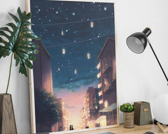 Lofi Anime Cityscape Poster, Aesthetic Dorm Art