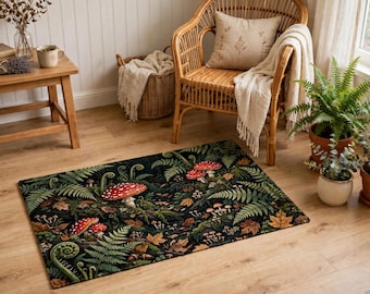 Washable Mushroom Rug - Cottagecore Woodland Toadstool Print for Nursery or Kids Bedroom