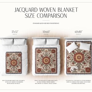 Puede incluir: Comparaci&oacute;n de tama&ntilde;os de mantas tejidas jacquard. Se muestran tres mantas en camas, con tama&ntilde;os de 94x132 cm, 127x152 cm y 152x203 cm. Cada manta presenta un dise&ntilde;o floral en tonos rojos, marrones y verdes sobre un fondo beige. El texto dice "Comparaci&oacute;n de tama&ntilde;os de mantas tejidas jacquard."
