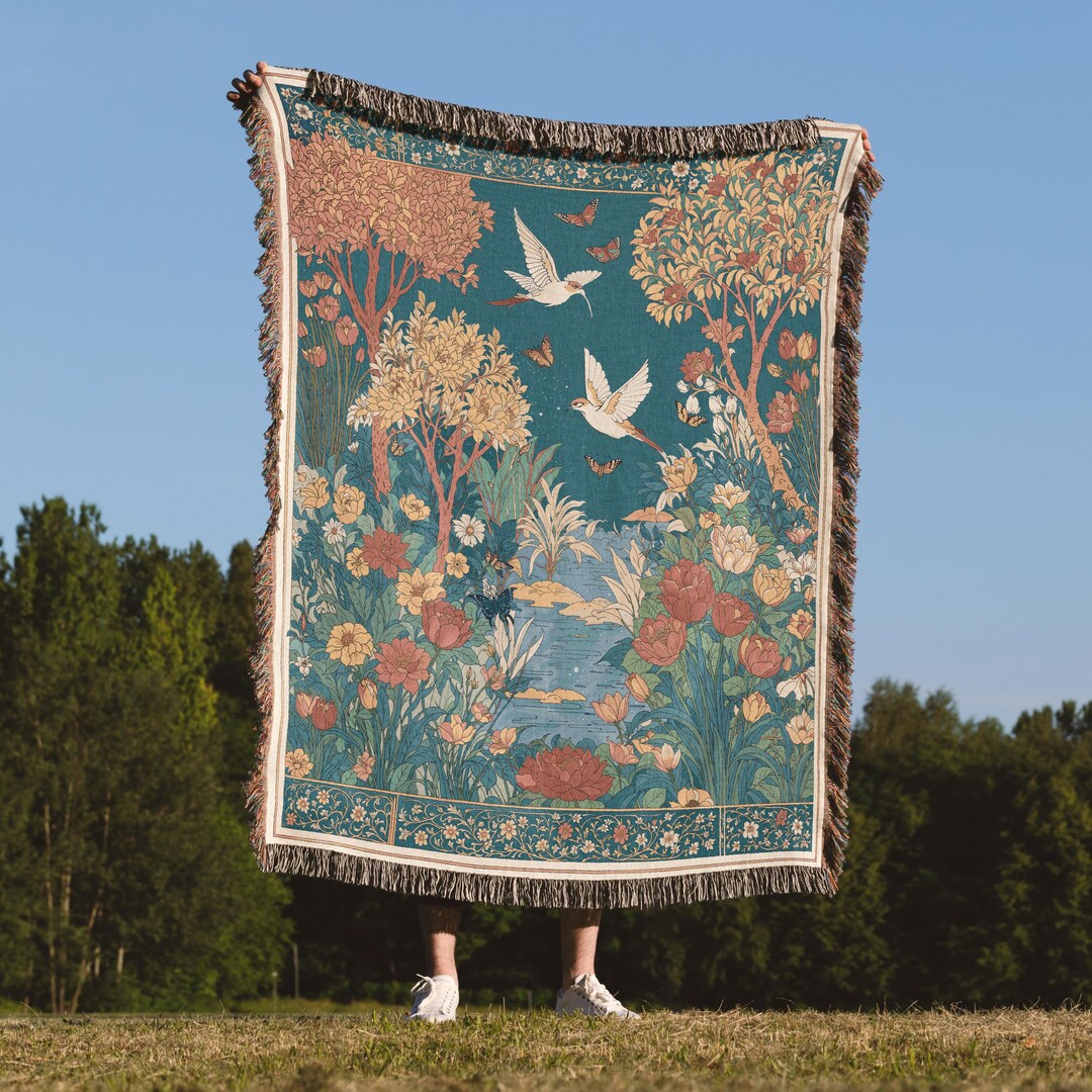 Botanical Throw Blanket: Blue Garden Design - Soft Cotton Weave - Etsy