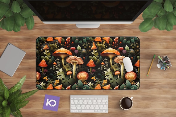 Mushroom Desk Mat, Dark Cottagecore Botanical Pattern, Gothic Decor