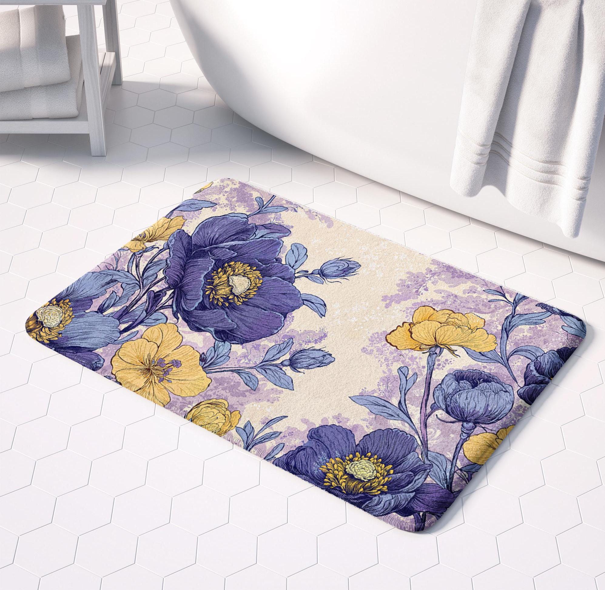 Vintage Floral Bath Mat, Luxurious Colorful Rug, Soft Plush Non-Slip Bathroom Decor