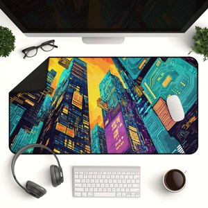 Cyberpunk Gaming Mauspad, futuristische XL Schreibtischmatte, ästhetisches Space Age, Geschenk für Sci-Fi Liebhaber