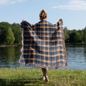 Cotton Woven Blanket: Navy and Yellow Blue Plaid - Rustic Cabin Style image 6