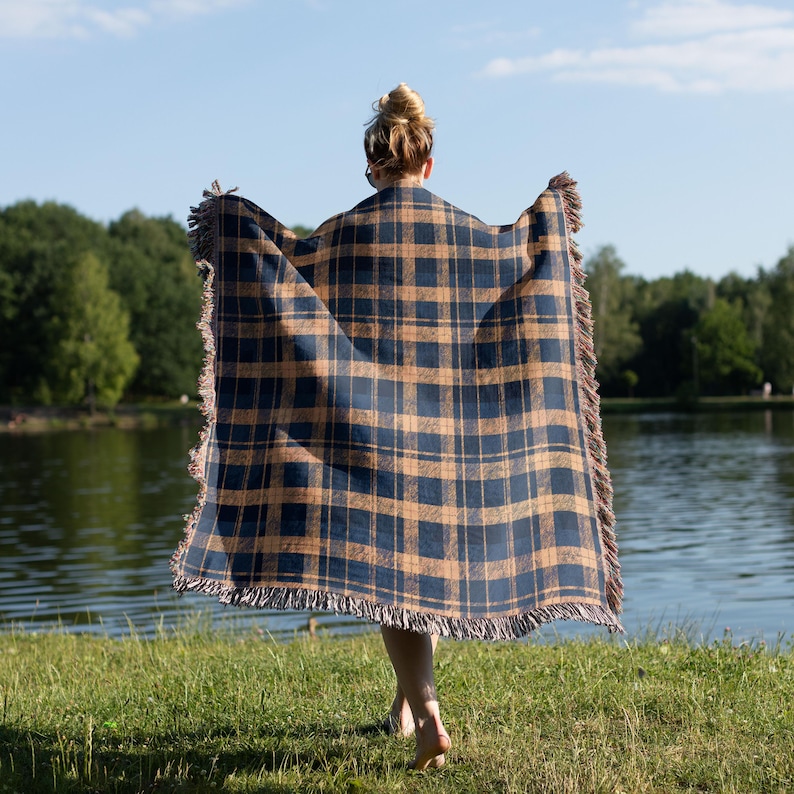 Cotton Woven Blanket: Navy and Yellow Blue Plaid - Rustic Cabin Style image 6