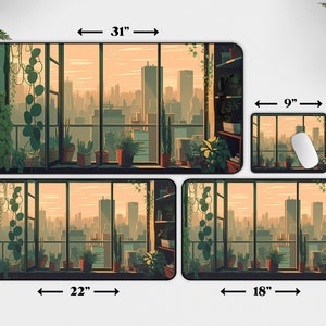 May include: Four different sizes of mouse pads featuring a city skyline view from a window with potted plants. The largest mouse pad is 31 inches wide by 15.5 inches tall. The second largest is 22 inches wide by 12 inches tall. The third largest is 18 inches wide by 12 inches tall. The smallest is 9 inches wide by 7 inches tall.