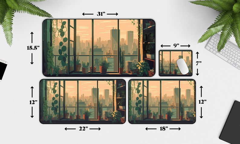 May include: Four different sizes of mouse pads featuring a city skyline view from a window with potted plants. The largest mouse pad is 31 inches wide by 15.5 inches tall. The second largest is 22 inches wide by 12 inches tall. The third largest is 18 inches wide by 12 inches tall. The smallest is 9 inches wide by 7 inches tall.