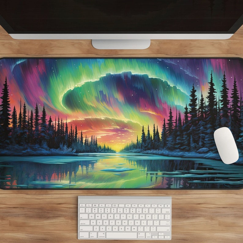 May include: A colorful aurora borealis reflected in a still lake, with a dark forest in the foreground. The aurora is a vibrant mix of green, pink, purple, and blue, with a hint of orange in the sky. The lake is a deep blue, with a few ice floes floating on the surface. The forest is silhouetted against the sky, with tall, dark trees.