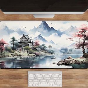 Japanese Desk Mat | Tranquil Scene Gaming Mouse Pad | Asian Landscape Desk Mat | Desk Accessories | Large Mouse Pad | Office Decor