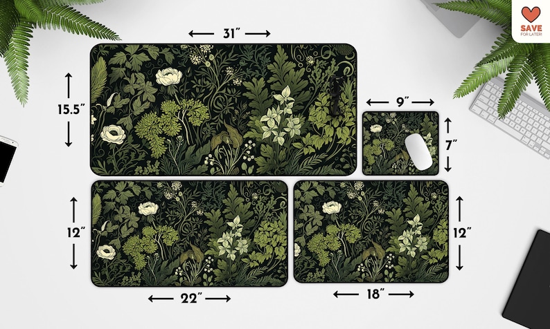 Botanical Art Nouveau Desk Mat - Sage Green Floral And Plant Detailed Design - Ideal Cute Office Decor & Extended Keyboard Mat image 9