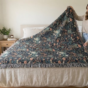 Dark Floral Blanket Woven Throw, Autumn Botanical Design, Cozy Fall Decor, Vintage Garden Style image 4