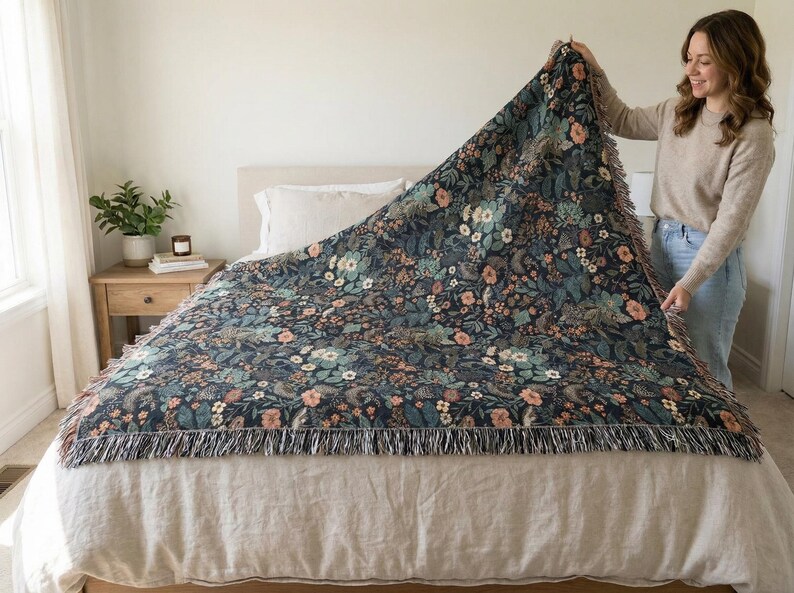 Dark Floral Blanket Woven Throw, Autumn Botanical Design, Cozy Fall Decor, Vintage Garden Style image 4