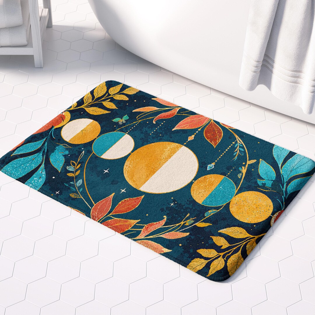 Celestial Moon Phase Bath Mat: Boho Botanical Design, Autumn Colors - Etsy