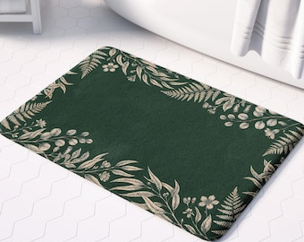 Leafy Green Bath Mat with Vintage Botanical Border, Cottagecore Spa Decor, Gift for Mom or Housewarming