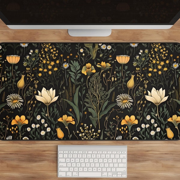 Dark Cottagecore Floral Desk Mat - Botanical Mouse Pad, Wildflower Mousepad, Vintage Desk Mat, Garden Desk Pad, Nature Desk Decor