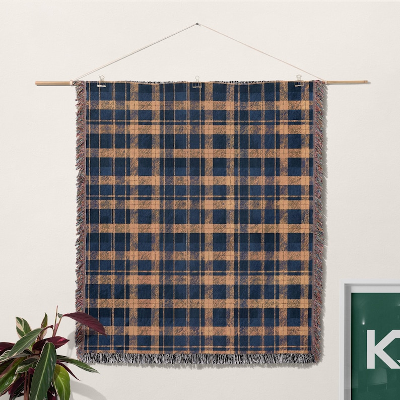 Cotton Woven Blanket: Navy and Yellow Blue Plaid - Rustic Cabin Style image 9