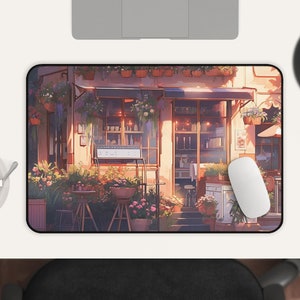 以下が含まれることがあります： 茶色のひさしのある小さなカフェのデジタルイラスト。カフェは緑豊かな植物と花に囲まれています。カフェには「Cafe」と書かれた看板があります