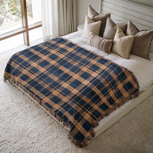 Cotton Woven Blanket: Navy and Yellow Blue Plaid - Rustic Cabin Style image 7