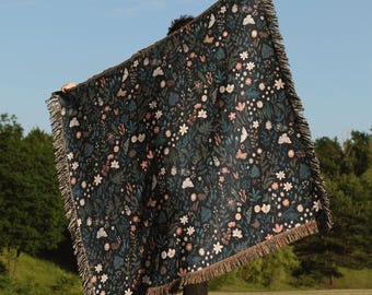Whimsigoth Floral Woven Blanket: Dark Academia Cottagecore Decor