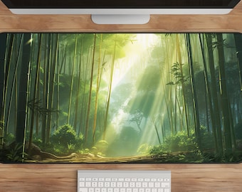 Bamboo Forest Desk Mat: Sunlit Anime Nature Scene Extended Mousepad