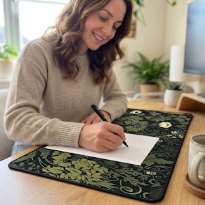 Botanical Art Nouveau Desk Mat - Sage Green Floral And Plant Detailed Design - Ideal Cute Office Decor & Extended Keyboard Mat image 6