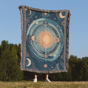 Celestial Sun and Moon Woven Blanket, Astrology Decor, Zodiac Gift, Meditation Throw Blanket, Boho Tarot Blanket