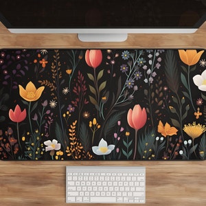Dark Cottagecore Floral Desk Mat - Storybook Flower Desk Pad, Cute Large Mouse Pad, Keyboard Mat, Office Accessory, Black & Orange Palette