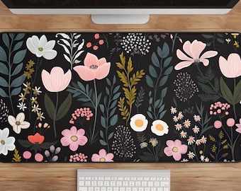 Floral Desk Mat: Cottagecore Pink & Black Botanical Office Decor