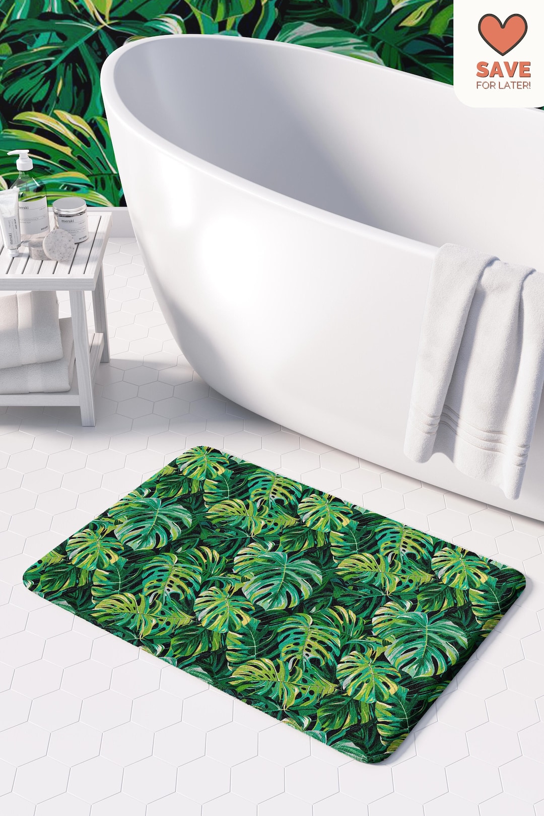 Monstera Leaf Bath Mat Tropical Green Bathroom Decor, Nonslip, Modern