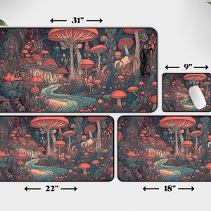 May include: A set of four mousepads featuring a whimsical illustration of a mushroom forest with a small house and a winding path. The largest mousepad is 31 inches wide and 15.5 inches tall. The other three mousepads are 22 inches wide by 12 inches tall, 18 inches wide by 12 inches tall, and 9 inches wide by 7 inches tall.