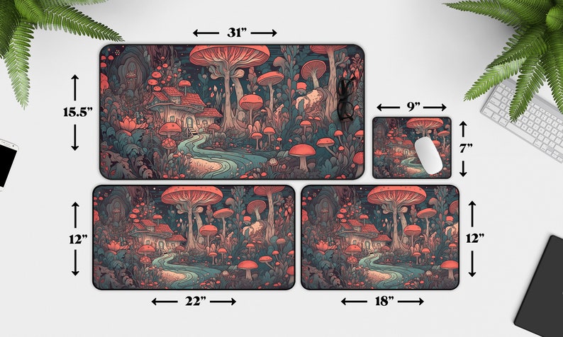 May include: A set of four mousepads featuring a whimsical illustration of a mushroom forest with a small house and a winding path. The largest mousepad is 31 inches wide and 15.5 inches tall. The other three mousepads are 22 inches wide by 12 inches tall, 18 inches wide by 12 inches tall, and 9 inches wide by 7 inches tall.